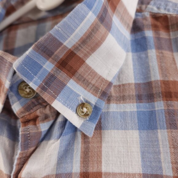 Johnnie-o Plaid Blue Brown Button Up Shirt Medium Lightweight Short Sleeve - Picture 8 of 13